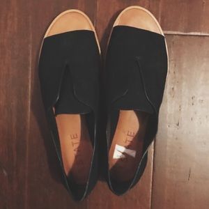 Slip on black suede peep toe mule